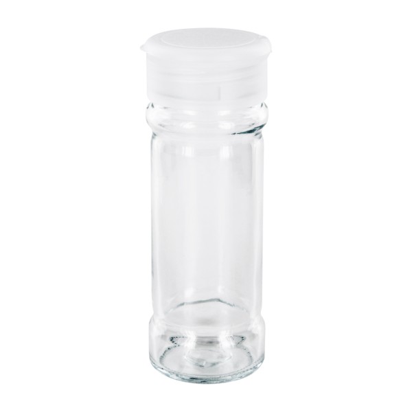 Pot à épices de forme cylindrique 100 ml avec filetage 41 mm, en verre clair avec couvercle saupoudreur dévissable, transparent
