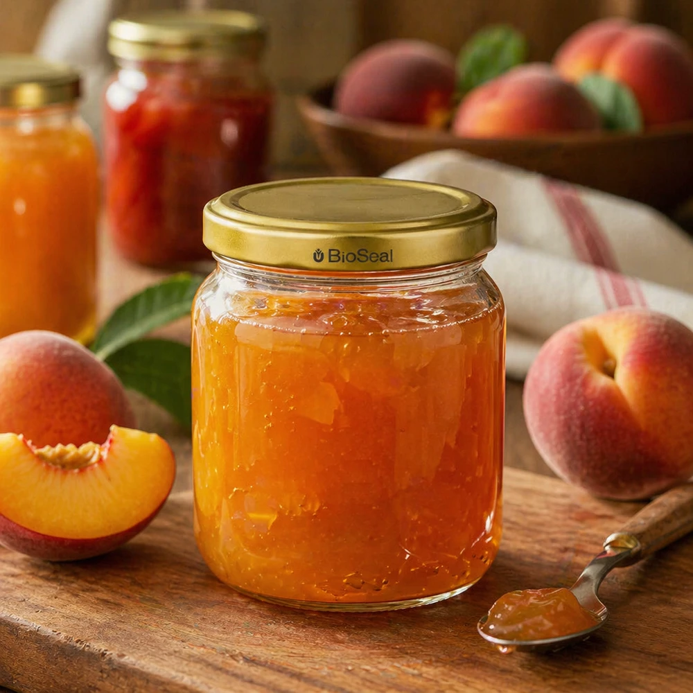 Pot de miel BioSeal de 500g avec confiture de pêches et pêches fraîches sur planche en bois dans une cuisine rustique