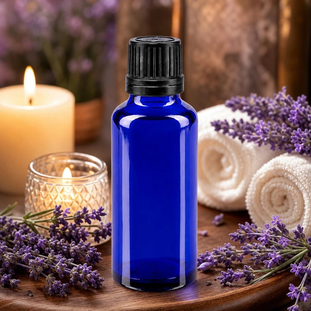 Bouteille de pharmacie bleue 30ml bouchon vissable noir bouchon d'inviolabilité Flacon compte-gouttes bleu de 30 ml avec bouchon OV, idéal pour les huiles essentielles et l'aromathérapie