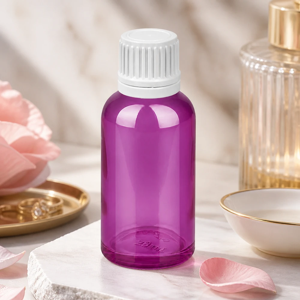 Flacon compte-gouttes 30ml 0.7mm blanc Originalité Bouchon à vis PurpleLine UT18/30 Bouteille en verre violet de 30 ml avec bouchon OV anti-fuite pour les applications de laboratoire