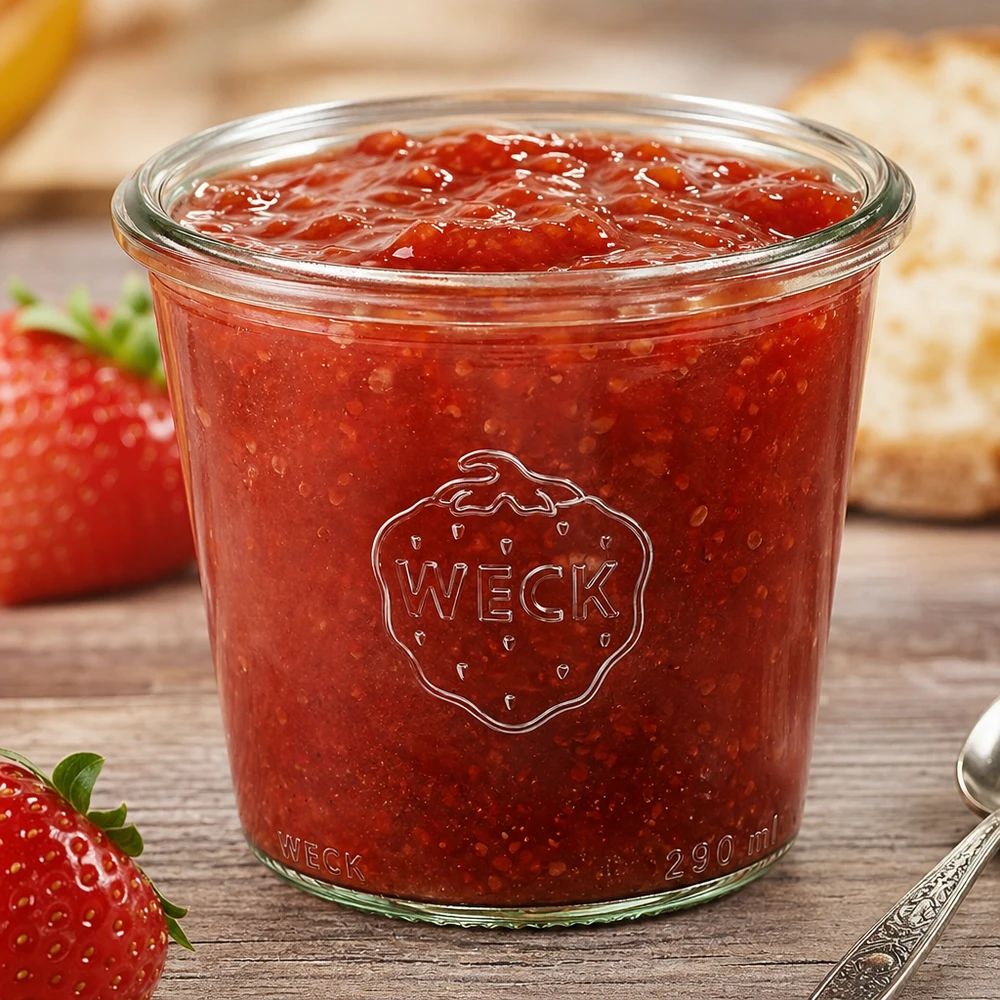 Bocal en verre de 290 ml, haut, WECK RR80 WECK RR80 Pot renversé 290ml haut rempli de confiture de fraises à côté de fraises fraîches sur une table en bois