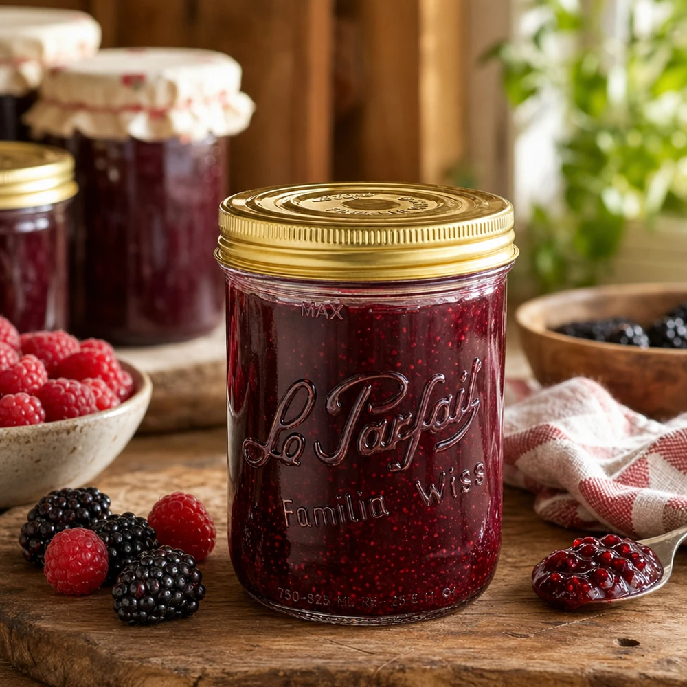 Verre renversé Familia Wiss 1020ml avec système de couvercle en 2 parties Le P rempli de confiture de baies sur table en bois