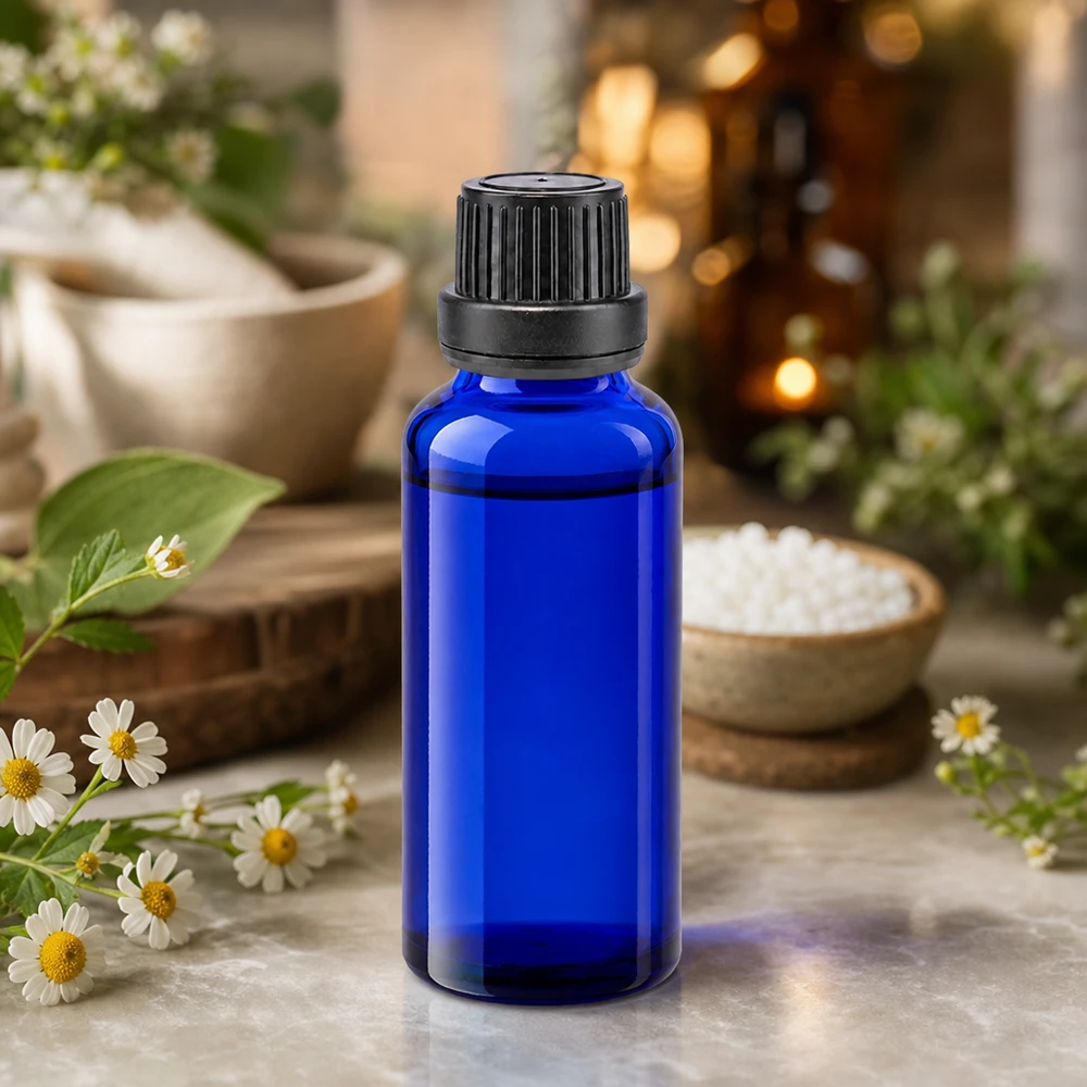 Flacon de pharmacie bleu 30ml bouchon vissable noir bouchon inviolabilité Flacon en verre bleu de 30 ml muni d'un bouchon compte-gouttes noir, à côté d'un mortier et de granules homéopathiques