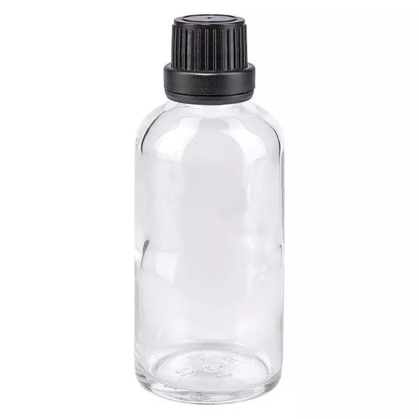 Bouteille de pharmacie claire 50ml bouchon vissable noir étanche bouchon inviolabilité Bouteille de pharmacie claire 50ml bouchon vissable noir étanche bouchon inviolabilité