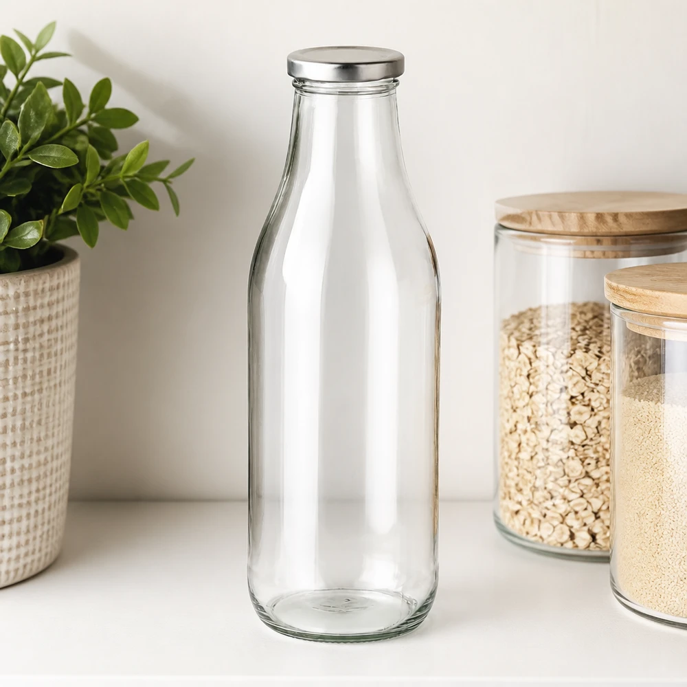 1000ml Bouteille avec couvercle BasicSeal argent UNiTWIST Bouteille en verre de 1000ml avec couvercle BasicSeal argenté à côté des bocaux de stockage avec céréales et plante organisation moderne de la cuisine