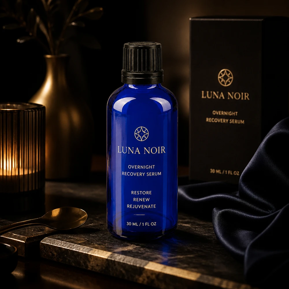 Flacon à pharmacie bleu 50ml bouchon vissable noir bouchon inviolabilité Flacon en verre bleu GR OV de 50 ml, diamètre 8 mm, utilisé comme flacon de sérum, présenté dans un luxueux « flatlay » nocturne avec un coffret noir