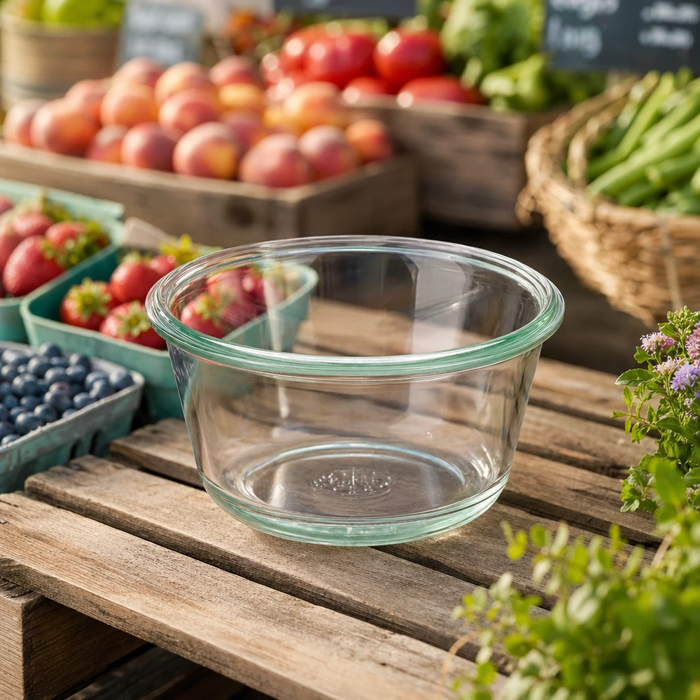 290ml bocal gourmet WECK RR100 WECK RR100 290ml Pot gourmand vide sur table en bois avec fruits et légumes frais en arrière-plan pour la mise en conserve