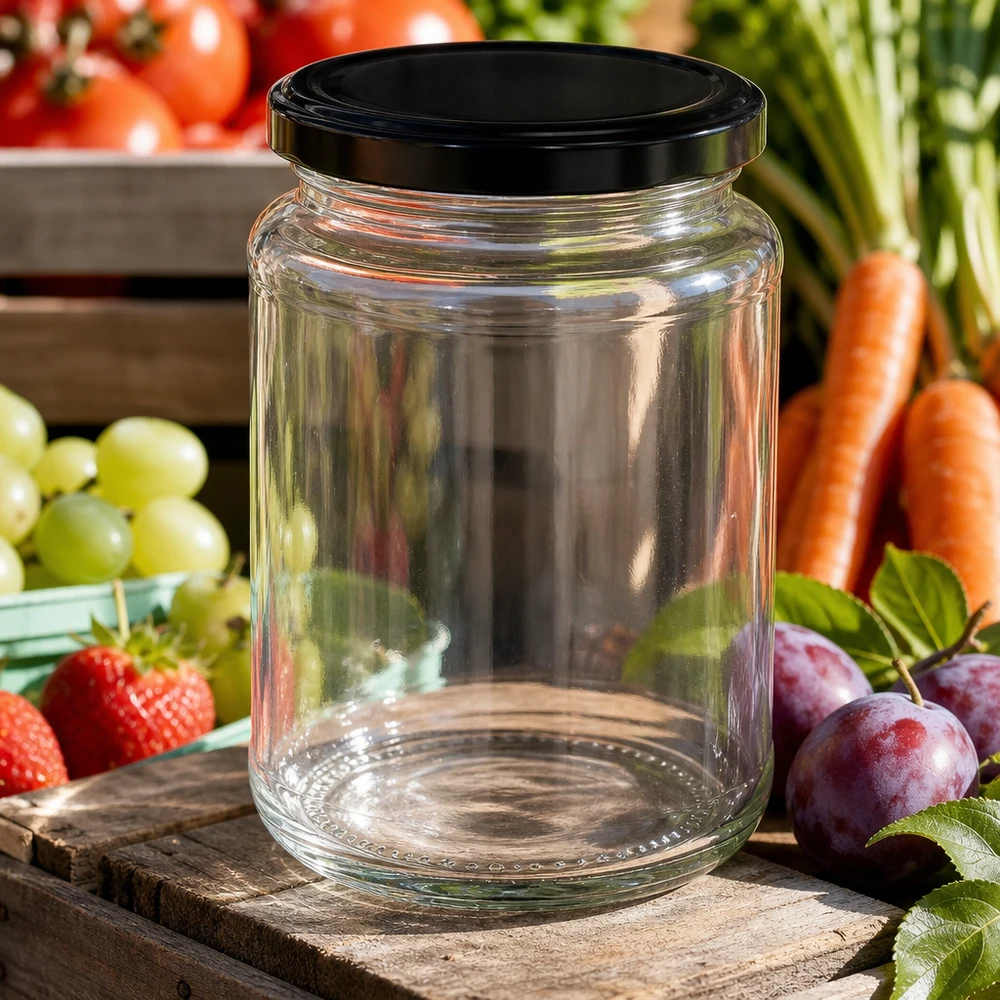 382ml Verre rond BasicSeal noir entouré de fruits frais Légumes Fraises Raisins Carottes Prunes Outdoor