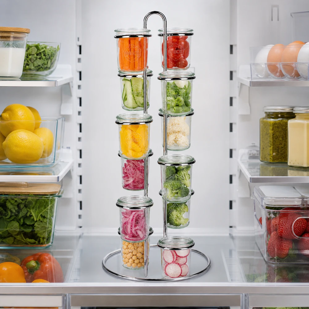 Support de service Vertico12 pour 12 bocal de verre WECK Kühlschrank-Organisation mit WECK Vertico12 Serviergestell zeigt platzsparende Aufbewahrung von frischen Zutaten