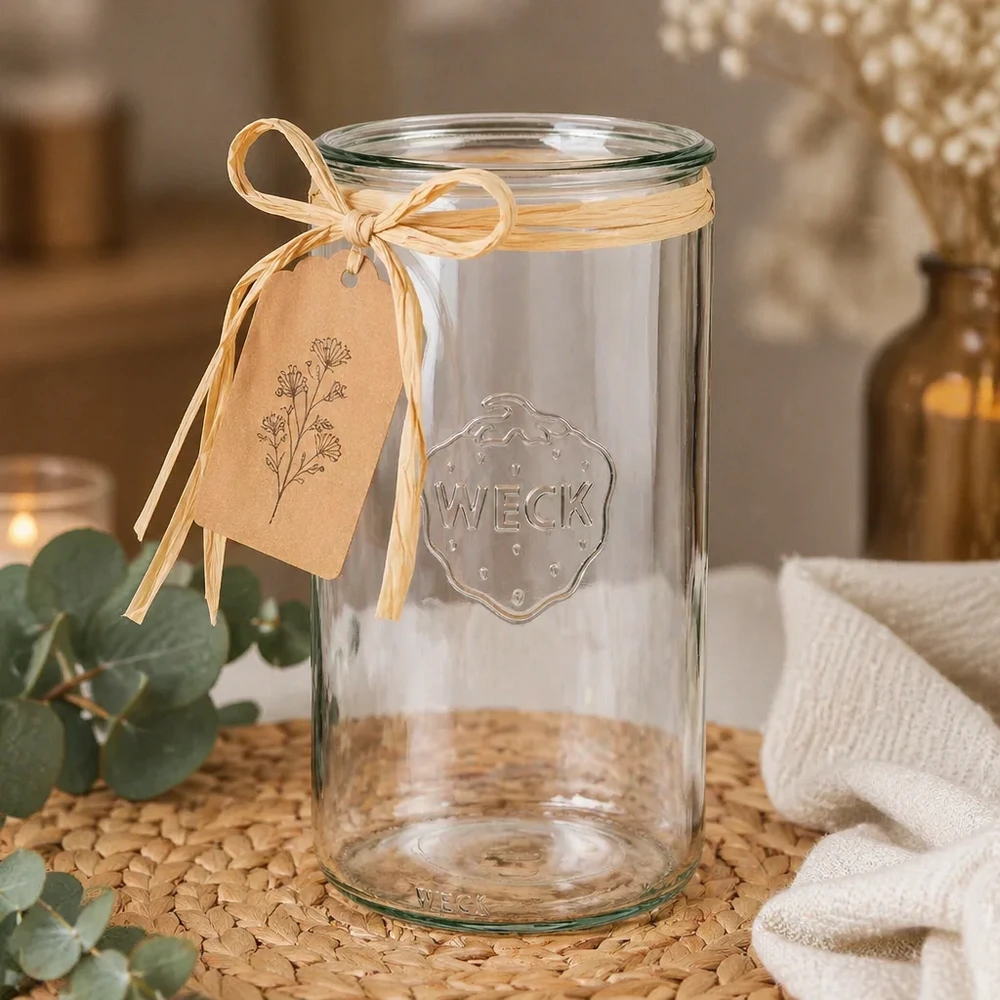 Bocal cylindrique en verre WECK RR100 de 1590 ml WECK RR100 Verre cylindrique 1590ml vide avec étiquette cadeau et ruban comme cadeau décoré sur un dessous de verre en liège