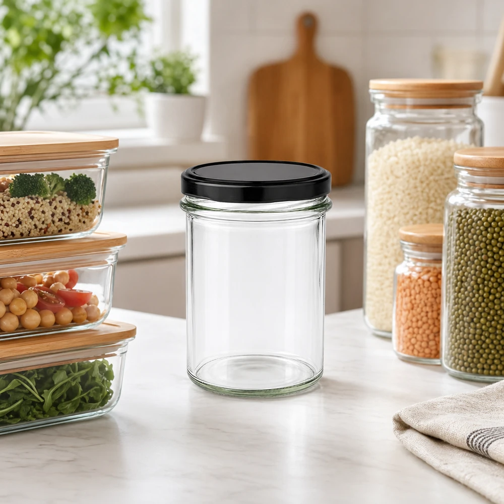 230ml Verre conique avec couvercle BasicSeal noir UNiTWIST 230ml verre linteau BasicSeal noir vide dans cuisine moderne avec bocaux de conservation rangement organisation scène de cuisine