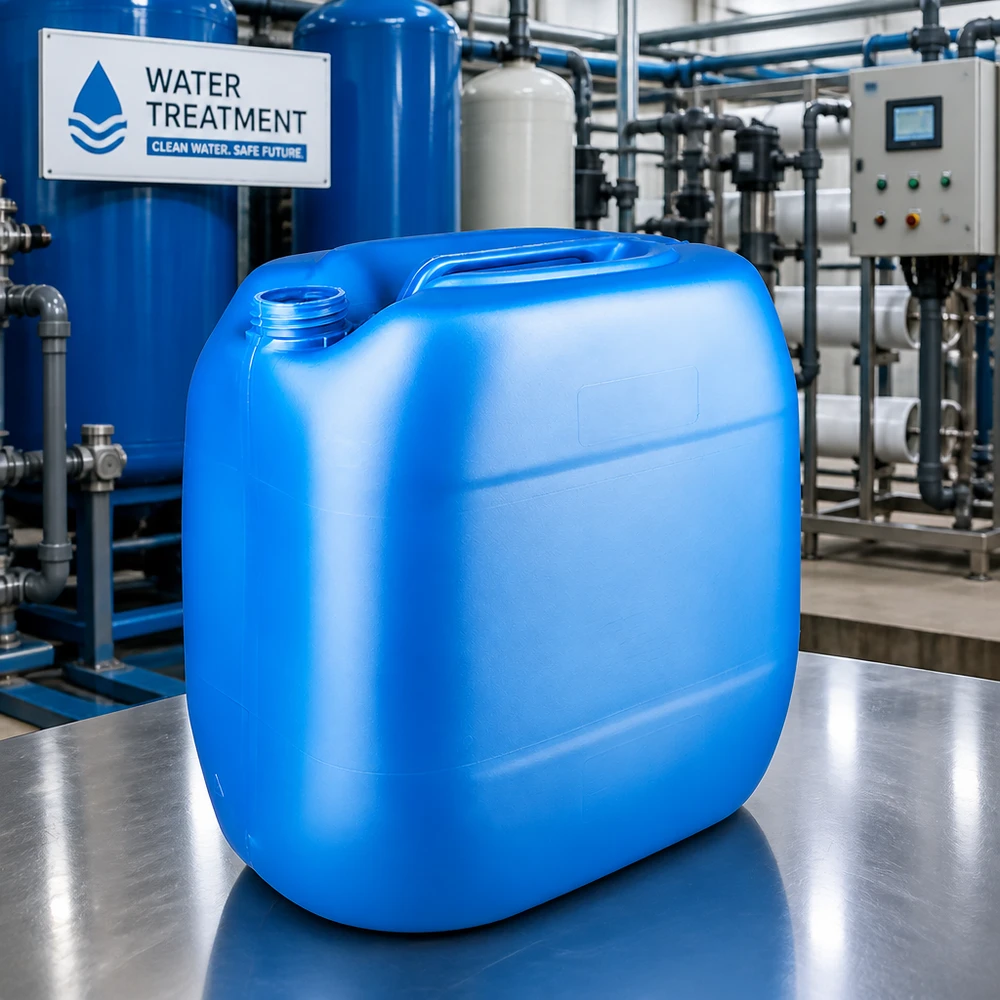 Grand bidon en plastique de 30 litres, bleu, sans couvercle, posé sur une surface en acier inoxydable dans un environnement industriel