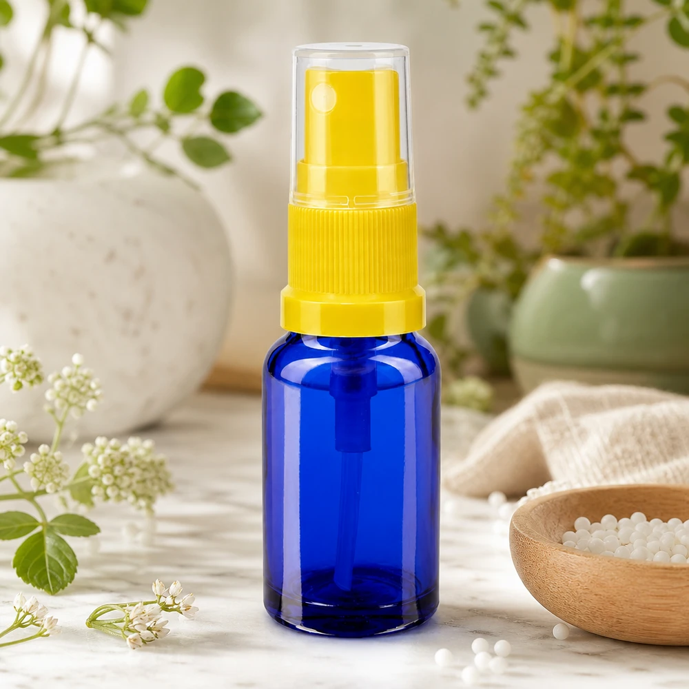 Flacon pulvérisateur pharmaceutique de 30 ml en verre bleu, muni d'une pompe pulvérisatrice jaune, destiné aux solutions