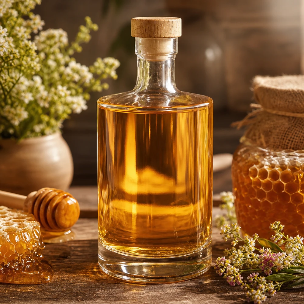 Bouteille en verre 500 ml « 500ml Glasflasche "Marie" mit Holzgriff-Korken UNiTWIST » avec bouchon en bois UNiTWIST® 500ml Glasflasche Marie gefüllt mit Honig in rustikaler Küche - perfekt für Sirupe, Liköre und hausgemachte Spezialitäte