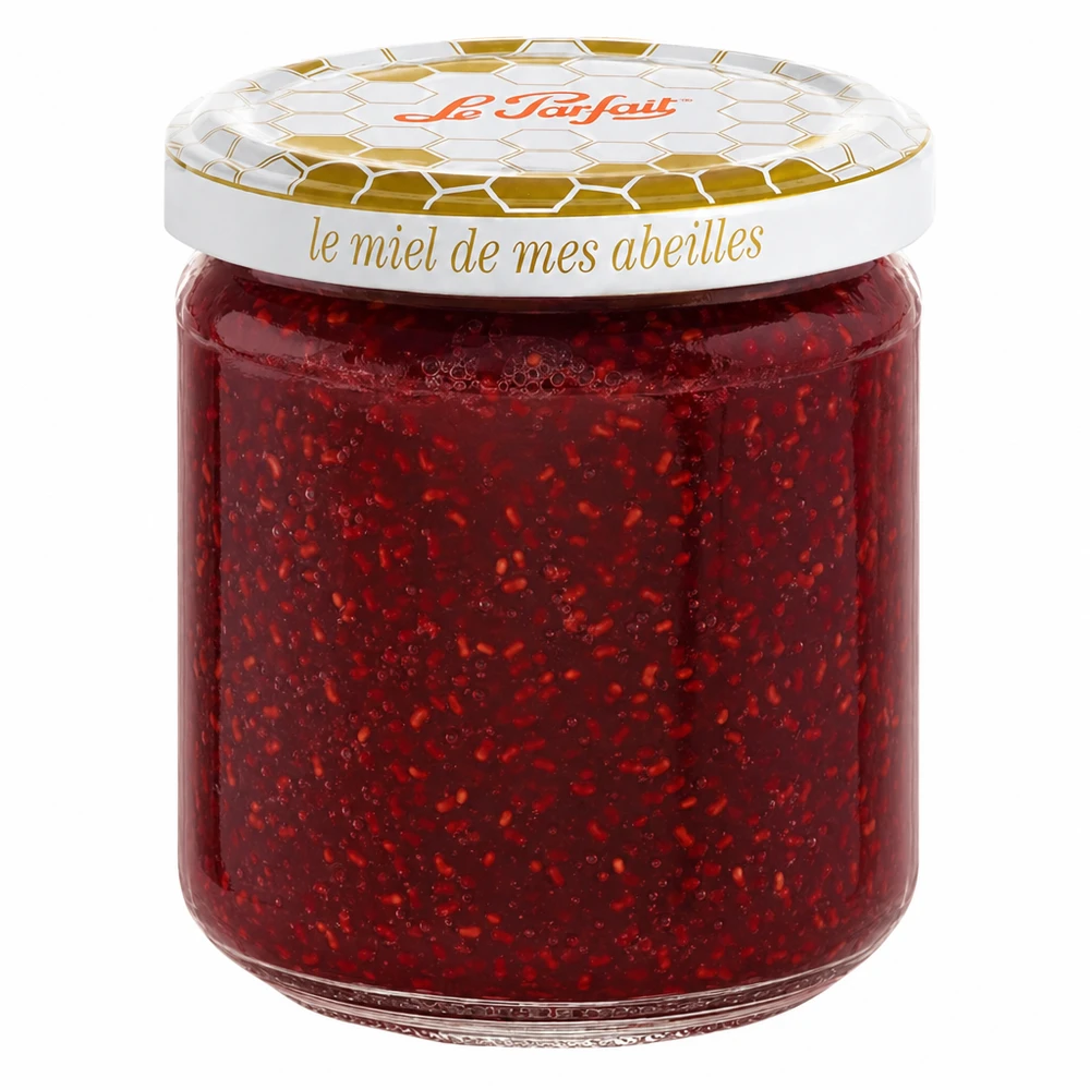 Le Parfait® pot miel 212 ml Ø63 mm Le Parfait Honey pot de conservation 212ml avec couvercle doré en nid d'abeille rempli de confiture de fraise rouge