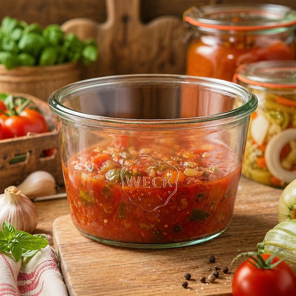 370ml bocal conique WECK RR100 WECK Pot renversé 370ml RR100 rempli de sauce tomate sur table en bois à côté de tomates fraîches et d'herbes aromatiques