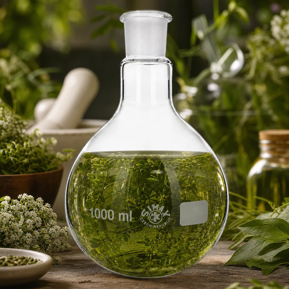 Ballon à fond plat 1000 ml à col large, en verre borosilicate avec rodage normalisé 29/32 Ballon en verre de laboratoire 1000ml rempli de teinture d'herbes et rodage normalisé précis pour les procédures d'extraction