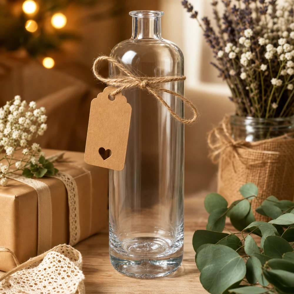 Bouteille en verre 700 ml « Ella » sans bouchon UNiTWIST® Bouteille en verre Ella de 700 ml décorativement arrangée avec une étiquette cadeau en corde de jute et des fleurs séchées comme idée de cadeau