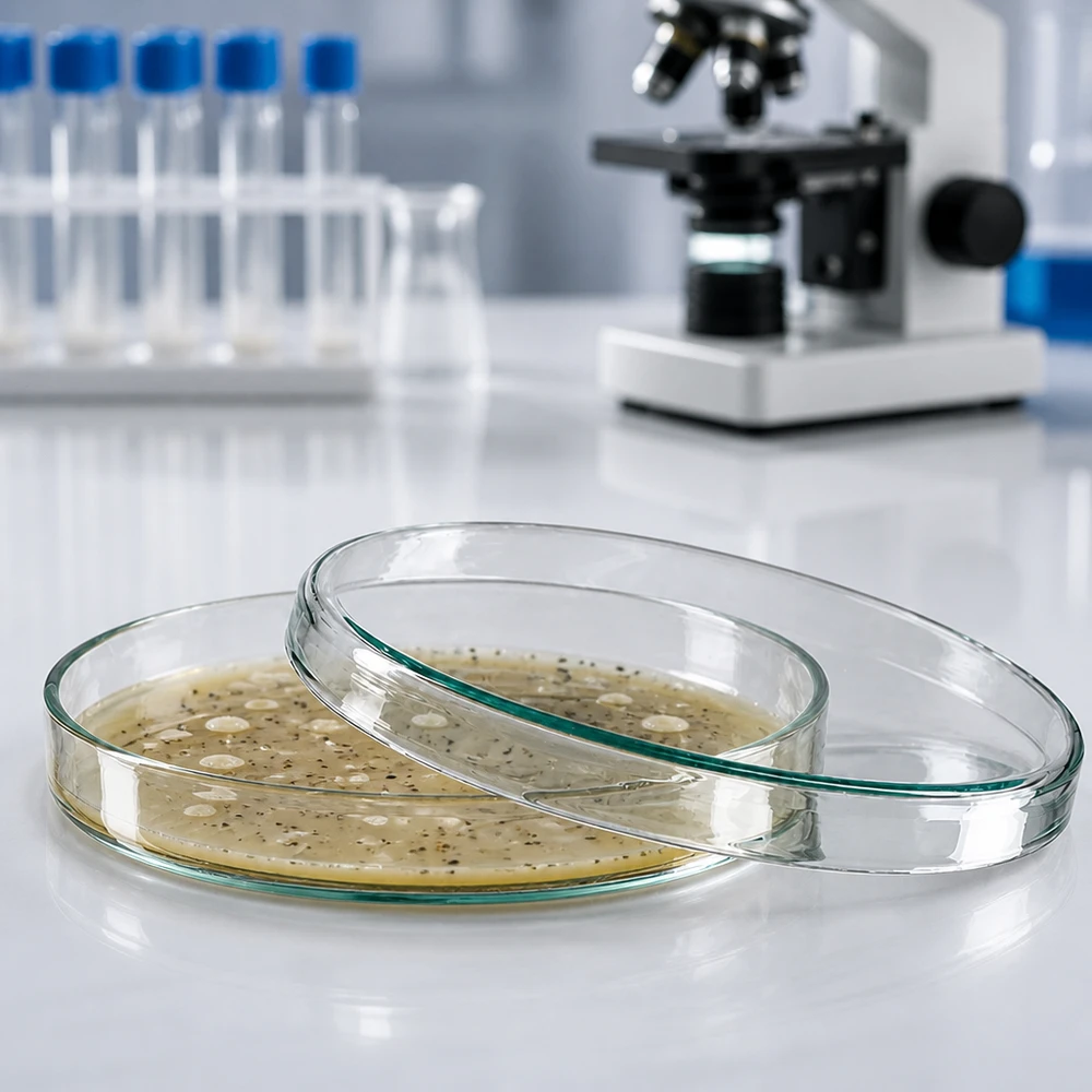 Boîte de Pétri 100 x 10 mm en verre borosilicaté contenant un milieu de culture et des colonies, dans un laboratoire de microbiologie