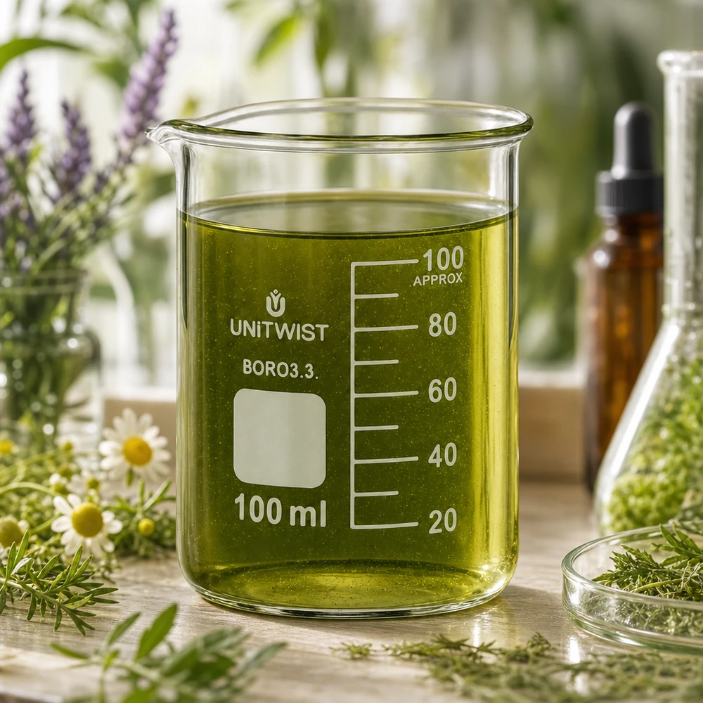 Bécher 100ml borosilicate, forme basse UNiTWIST Verre à bec UNiTWIST de forme basse, 100 ml, contenant de l'huile aux herbes, à côté d'un flacon Erlenmeyer et d'une pipette