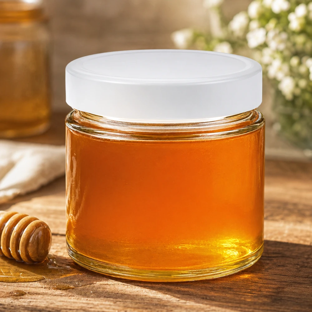 Pot rond de 135 ml rempli de miel Couvercle blanc BasicSeal Pot de miel Pot de confiture Pot de conservation