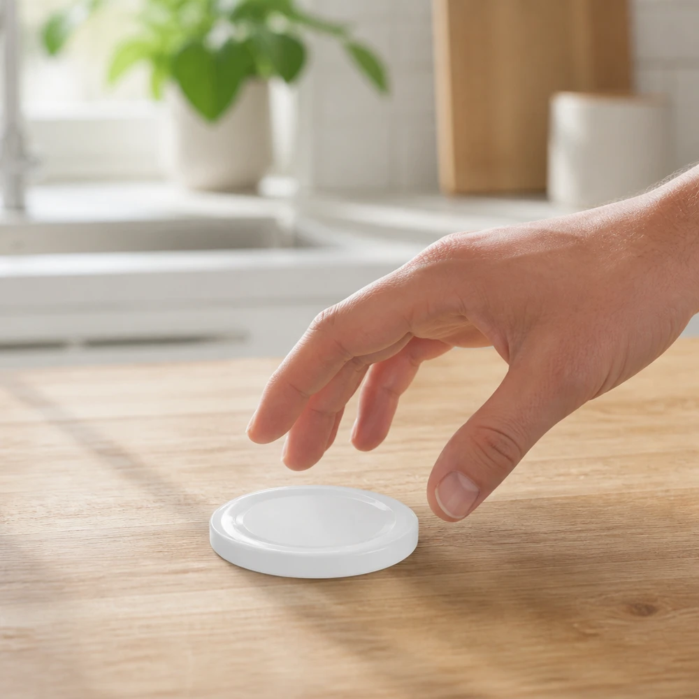Couvercle BasicSeal 48 mm blanc (TO48) UNiTWIST Un couvercle de bocal blanc et rond de 48 mm (TO48) est saisi à la main sur la table de cuisine