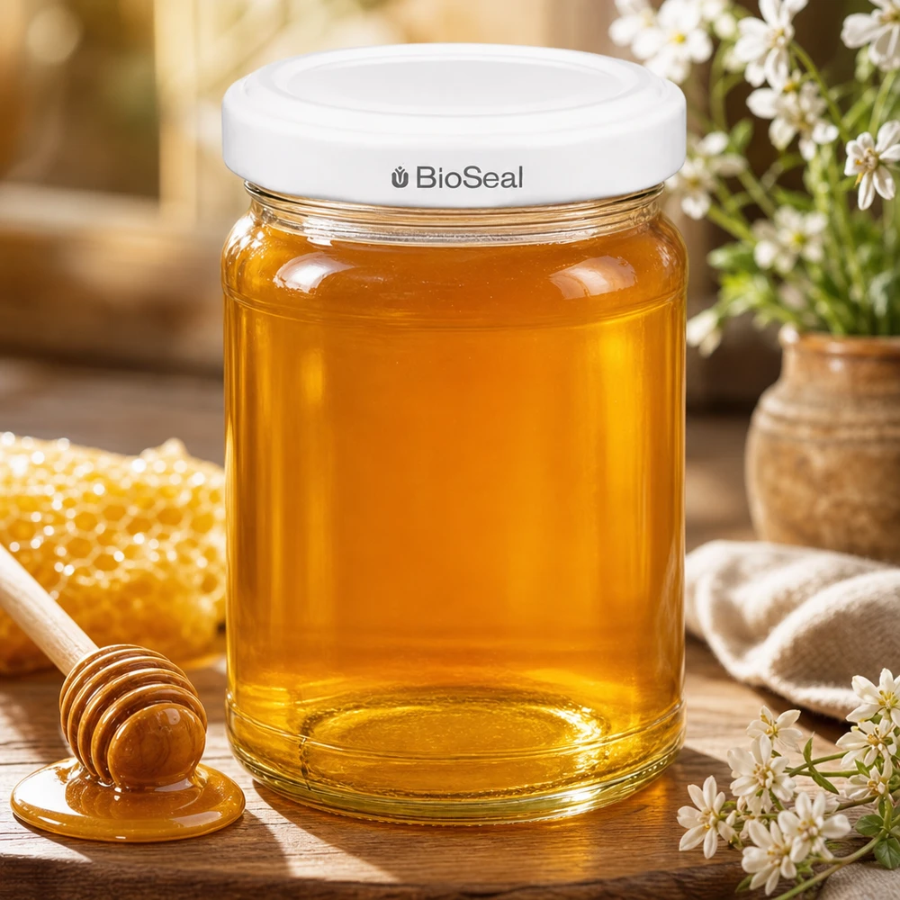 205ml Verre rond avec couvercle BioSeal blanc UNiTWIST UNiTWIST Runda205 Pot de miel avec couvercle blanc TO58 BioSeal à côté du rayon de miel et de la cuillère à miel dans un environnement naturel