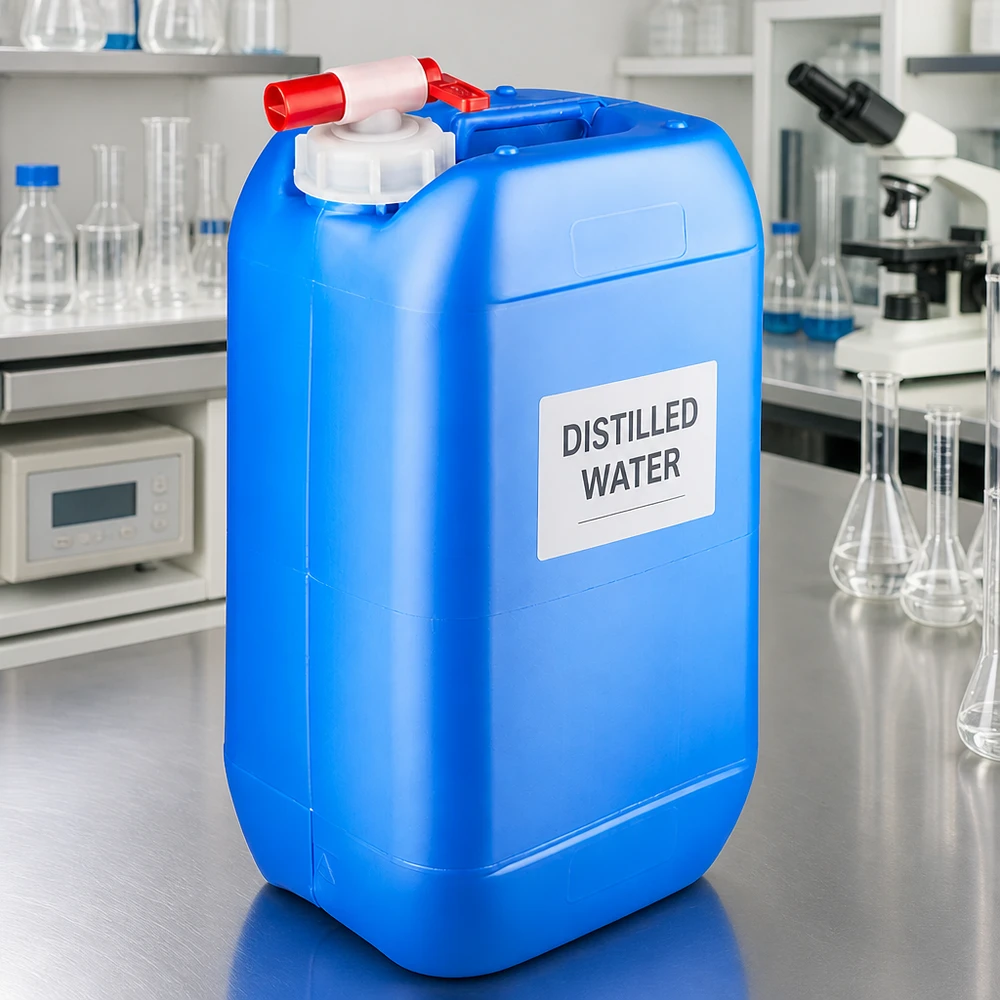 Bidon rectangulaire en plastique bleu de 15 L, muni d'un robinet de vidange rouge, posé sur une table en acier inoxydable