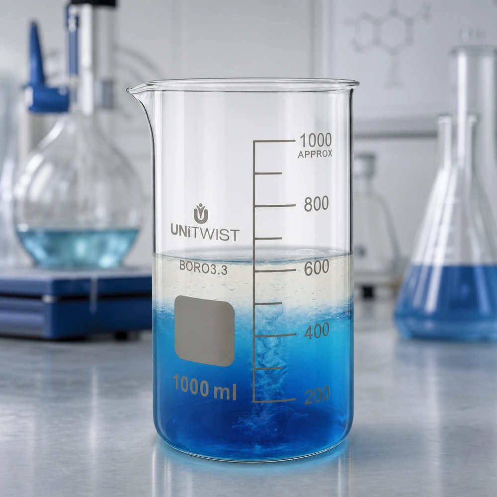 Bécher 1000ml borosilicate, forme haute UNITWIST Verre à bec UNITWIST de 1 000 ml, avec dégradé bicolore passant du bleu au transparent, forme haute