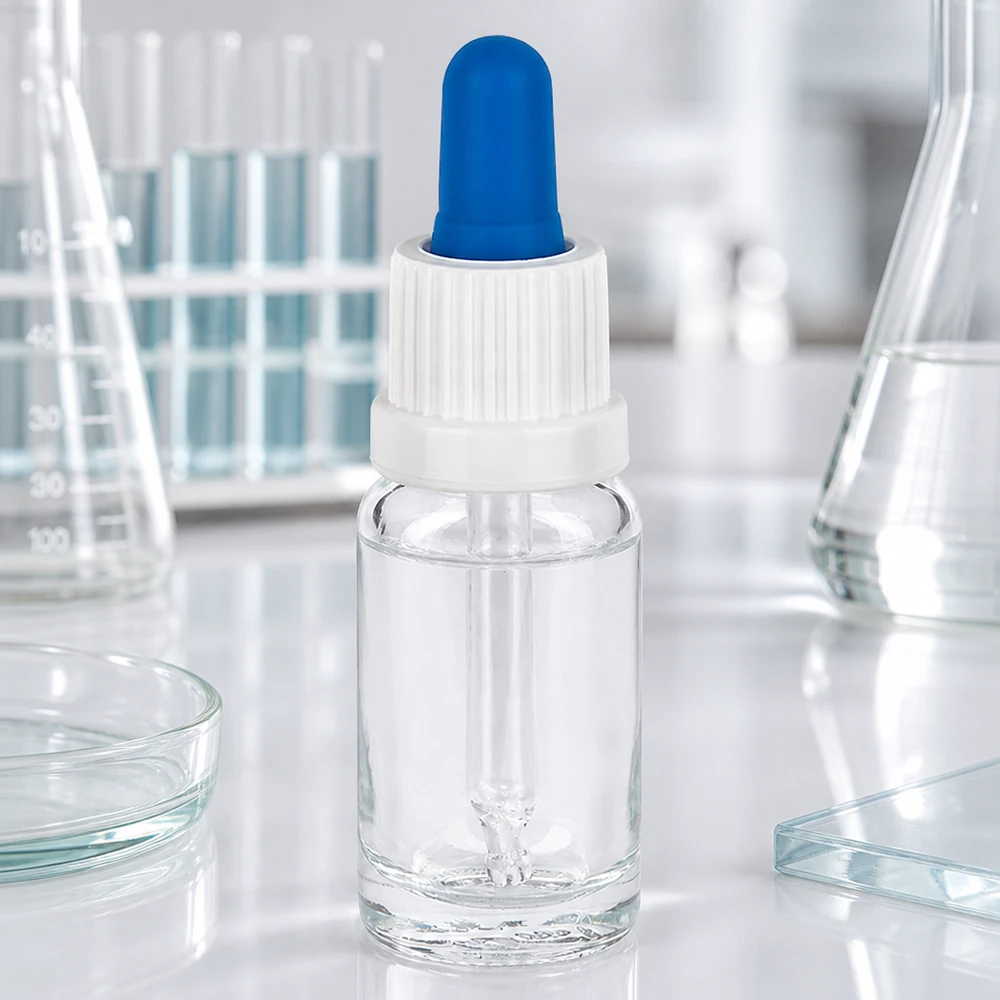 Flacon à pipette 10ml blanc/bleu OV ClearL. UT18/10 Flacon-pipette en verre transparent de 10 ml dans un laboratoire équipé de tubes à essai, de béchers et de boîtes de Pétri
