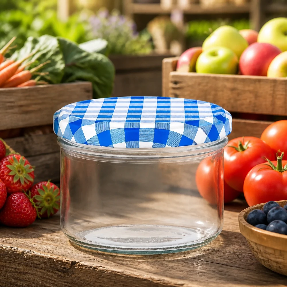 230ml Verre cylindrique avec couvercle BasicSeal bleu/blanc UNiTWIST Verre cylindrique 230ml BasicSeal Couvercle bleu-blanc dans un environnement de cuisine naturel avec des fruits et légumes frais