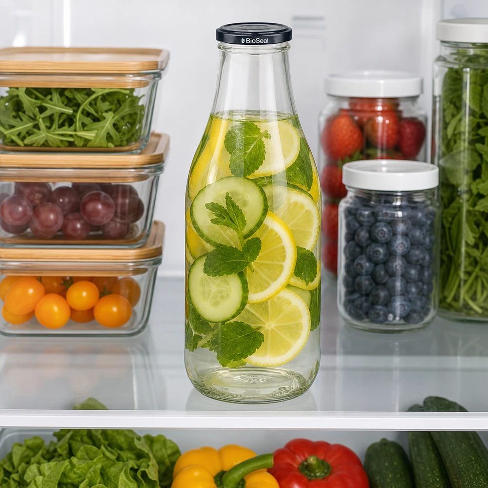 1000ml Bouteille avec couvercle BioSeal noir UNiTWIST Bouteille en verre de 1000 ml d'eau de concombre dans le réfrigérateur à côté des récipients Meal Prep Baies Légumes conservation durable