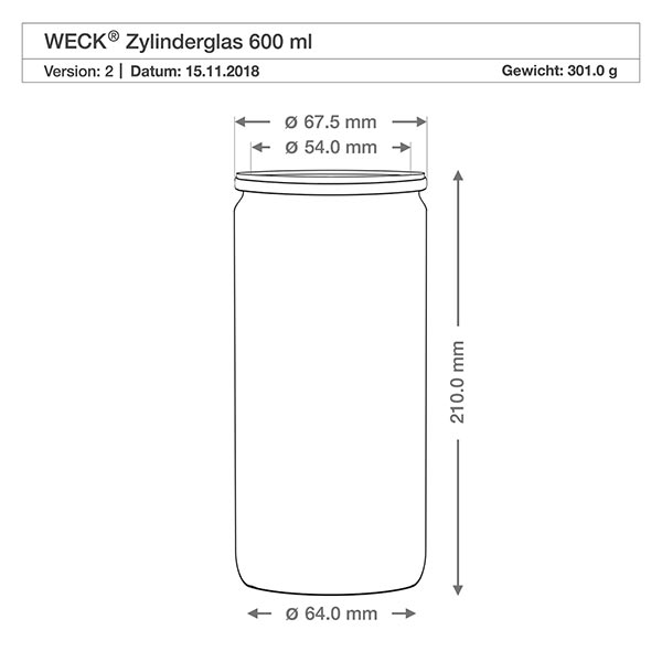 700ml bocal à gourmandises complet WECK RR80 Dessin technique WECK verre cylindrique 600ml avec dimensions - diamètre 64mm, hauteur 210mm, poids 301g