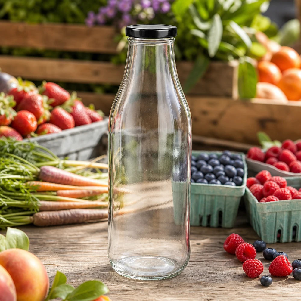 1000ml Bouteille avec couvercle BasicSeal noir UNiTWIST Bouteille en verre de 1000ml vide sur une table en bois rustique entourée de baies fraîches de fruits et légumes en plein air