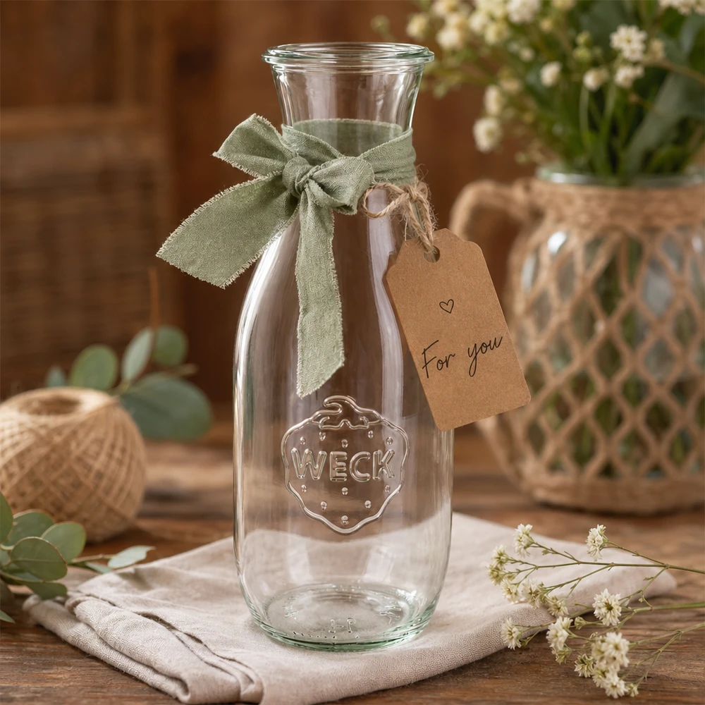 Bouteille à jus WECK RR60 de 1062 ml WECK Bouteille de jus de fruits 1062ml RR60 décorée avec un ruban vert et une étiquette cadeau For you entre les fleurs