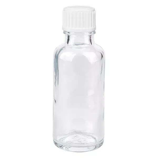 Flacon de pharmacie transparent 30ml bouchon vissable blanc std Flacon de pharmacie transparent 30ml bouchon vissable blanc std