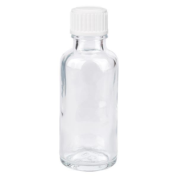 Flacon de pharmacie transparent 30ml bouchon vissable blanc std Flacon de pharmacie transparent 30ml bouchon vissable blanc std