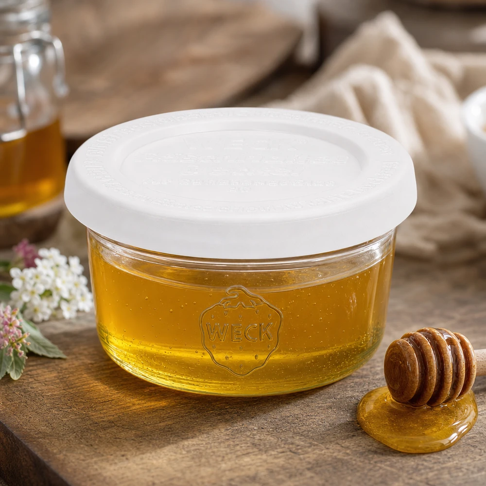 Pot de 50 ml WECK RR60 rempli de miel et cuillère à miel sur une table en bois rustique dans une cuisine confortable