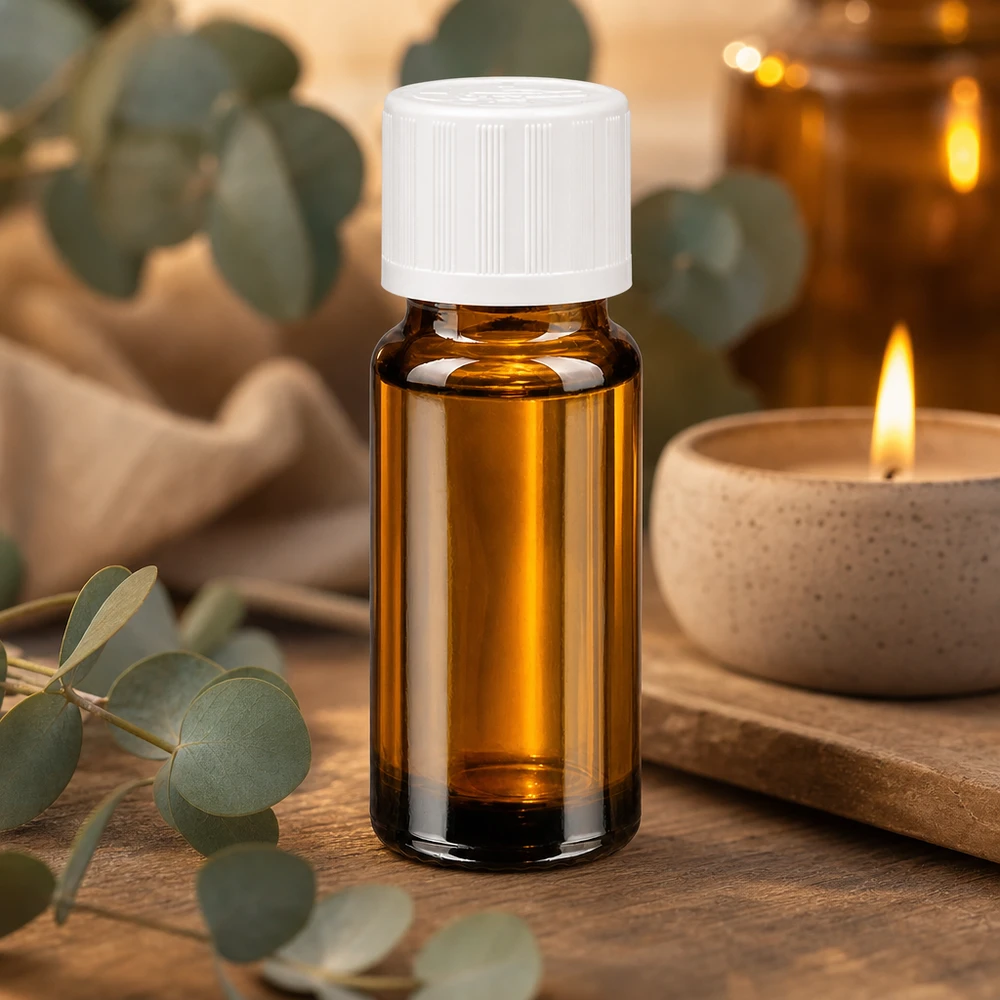Flacon de pharmacie brun 10ml bouchon vissable blanc sécurité enfant Flacon de pharmacie marron de 10 ml avec bouchon blanc à l'épreuve des enfants, à côté de branches d'eucalyptus