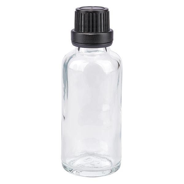 Flacon de pharmacie transparent 30ml bouchon compte-gouttes 2mm noir bouchon inviolabilité