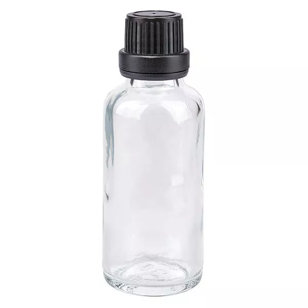 Flacon de pharmacie transparent 30ml bouchon compte-gouttes 2mm noir bouchon inviolabilité Flacon de pharmacie transparent 30ml bouchon compte-gouttes 2mm noir bouchon inviolabilité