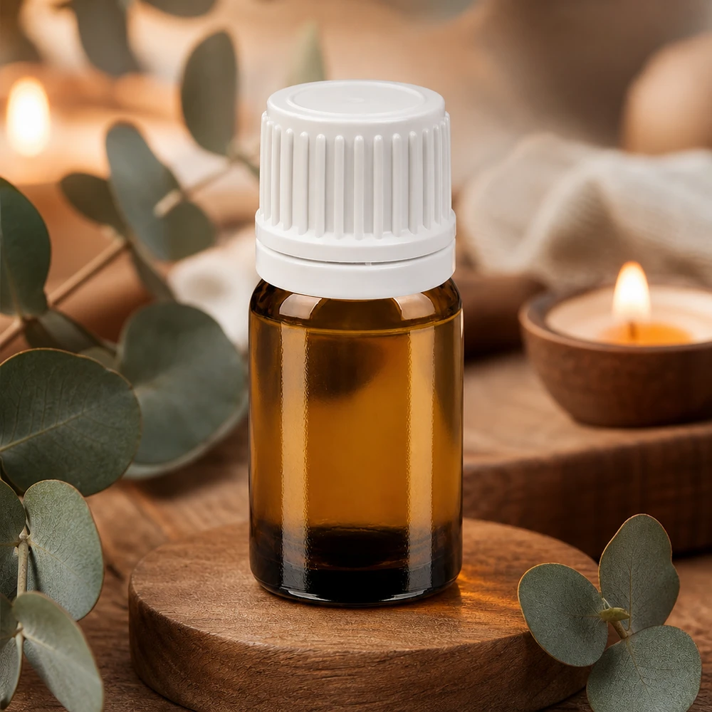 Petit flacon en verre brun de 5ml avec bouchon blanc pour l'aromathérapie et les huiles essentielles