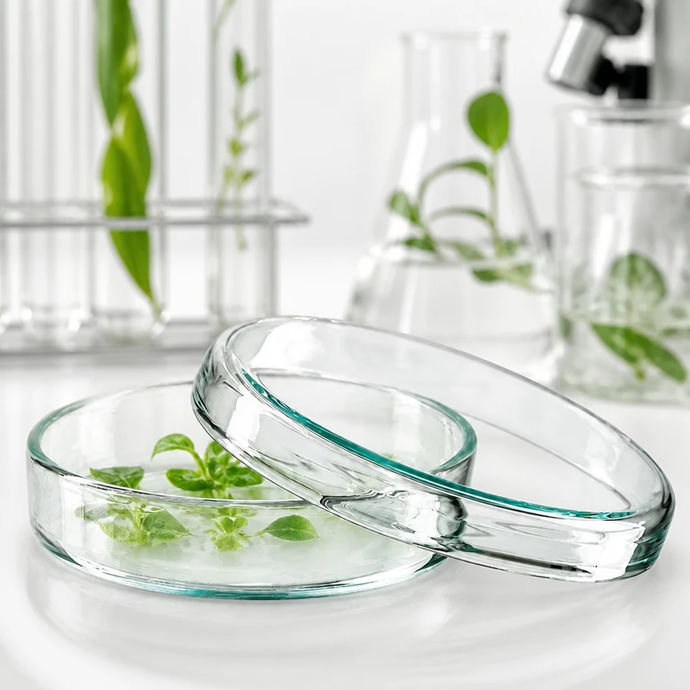 Deux boîtes de Pétri en verre de 70 x 15 mm empilées l'une sur l'autre, contenant des échantillons de plantes, dans un laboratoire de biologie