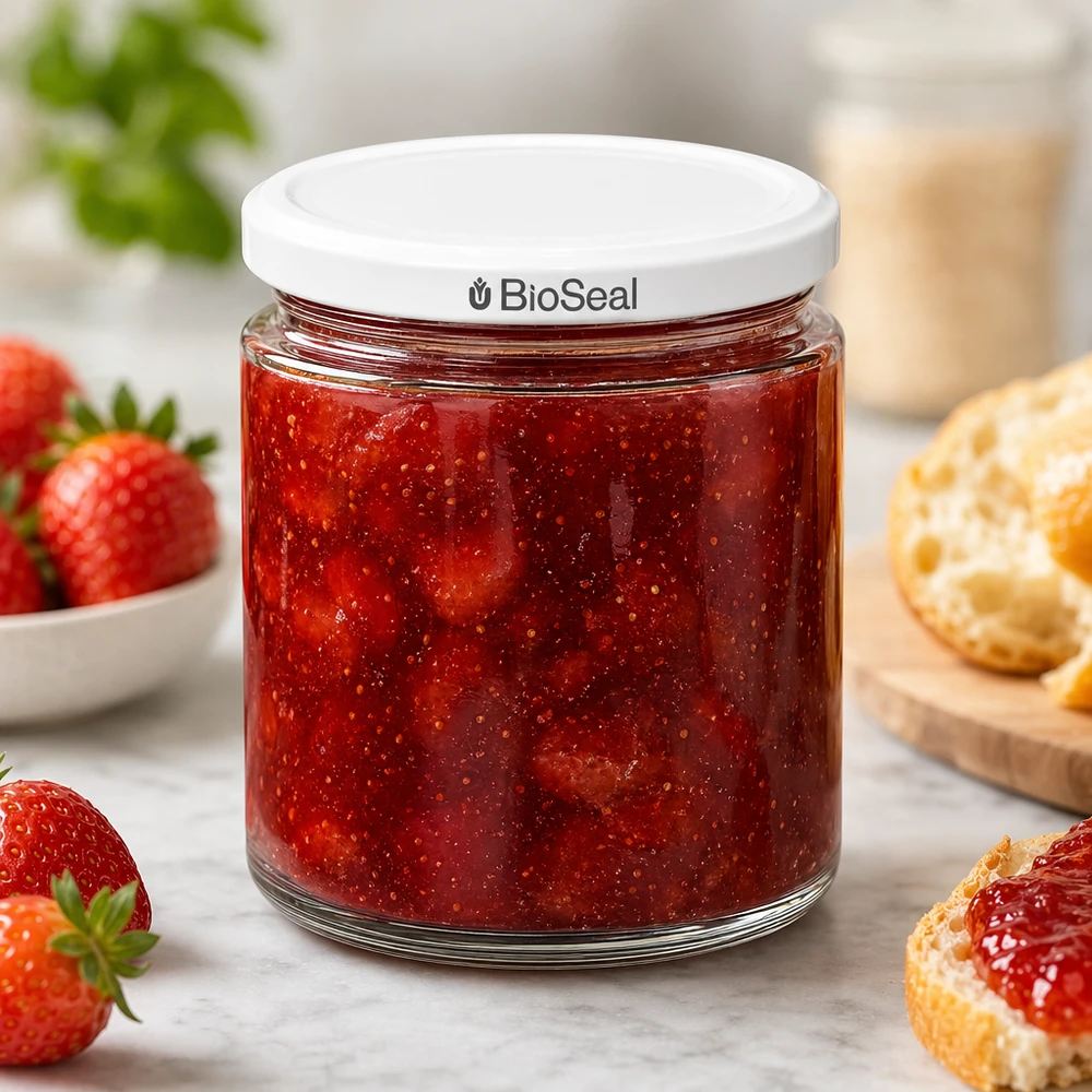 Pot de miel BioSeal UNiTWIST de 250 ml rempli de confiture de fraises maison, servi avec des fraises fraîches et des petits pains