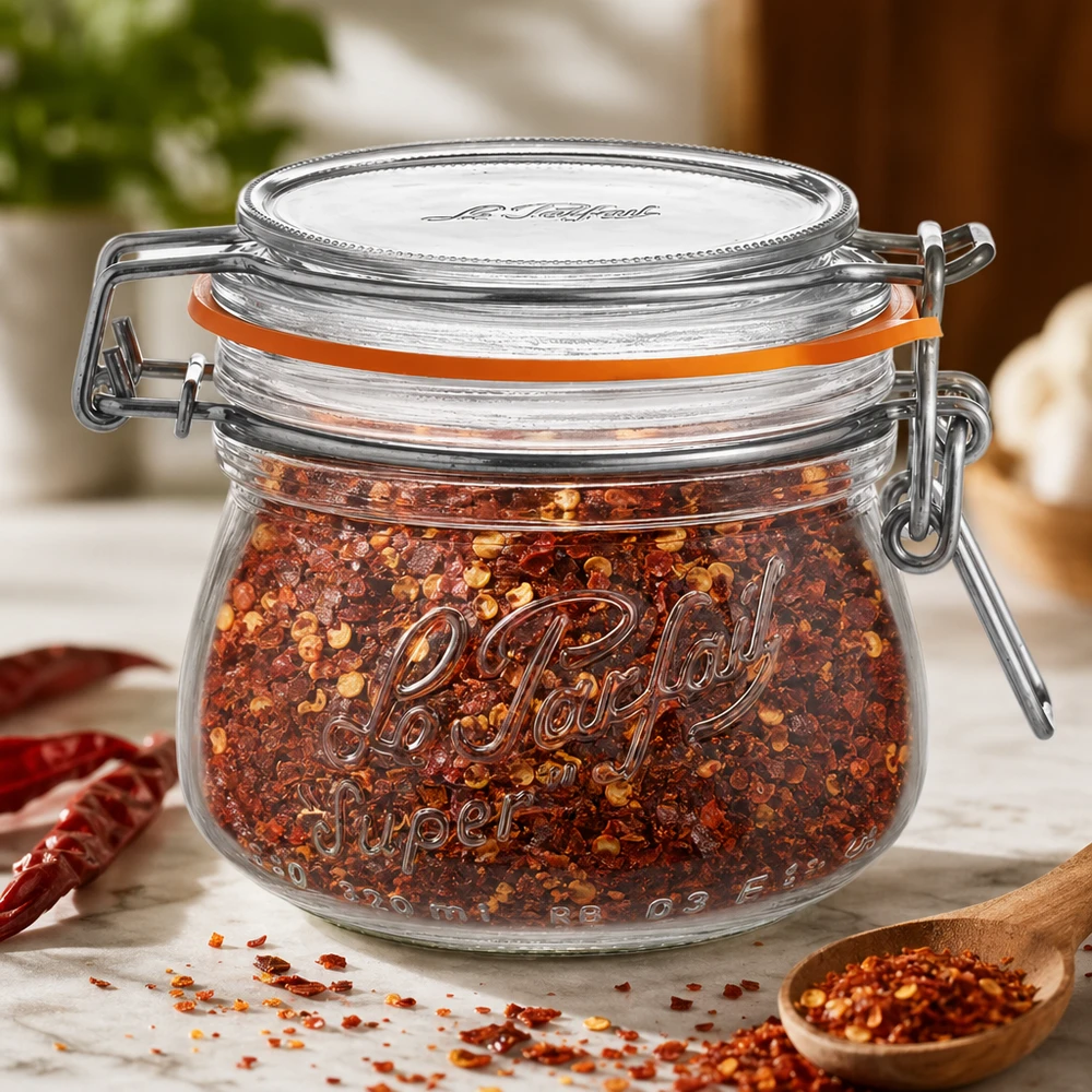 Bocal Le Parfait® 250 ml Ø70 mm conserve 250ml Le Parfait Bocal de réserve Super avec fermeture à étrier rempli de mélange d'épices au chili sur table en bois