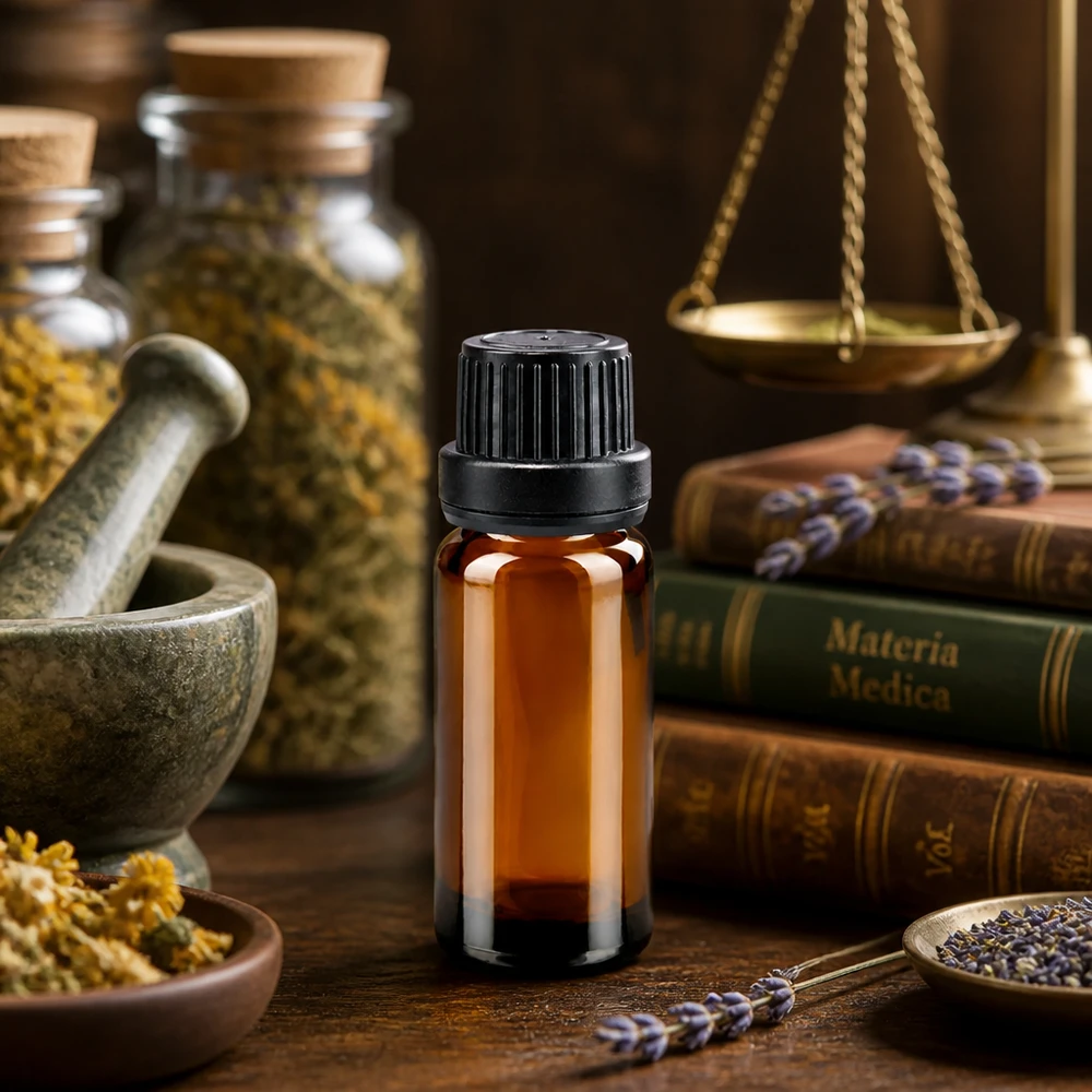 Flacon de pharmacie de 10 ml, ApoGlas brun, avec compte-gouttes de 2 mm, à côté d'ouvrages de materia medica
