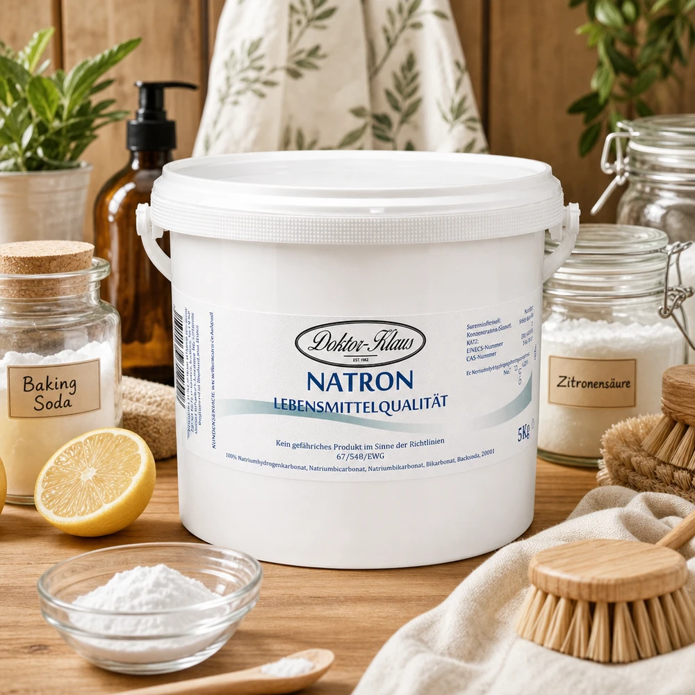 Bicarbonate de soude Doktor Klaus, seau de 5 kg, apte à l’utilisation alimentaire Bicarbonate de soude Docteur Klaus 5kg de nettoyant écologique à côté du citron et du bicarbonate de soude sur une table en bois