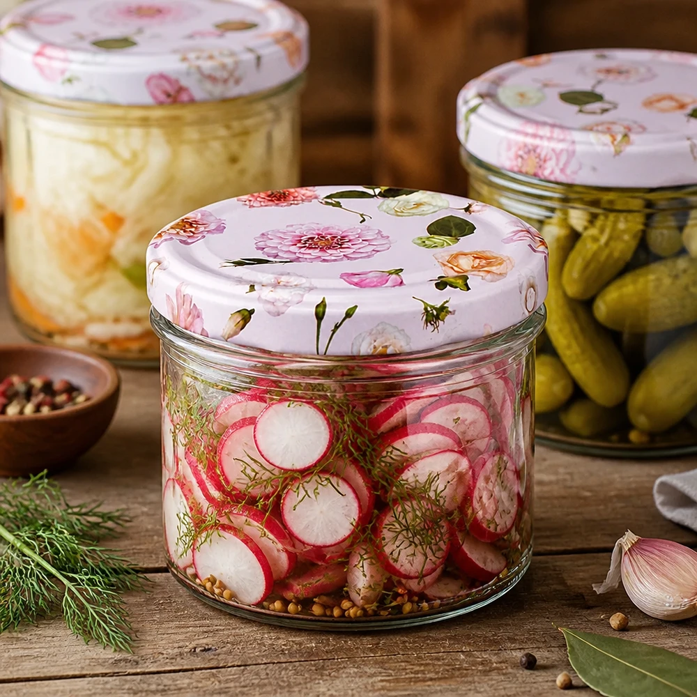 Pot en verre de 225 ml + couvercle BasicSeal rose UN... Pot renversé de 225ml avec couvercle floral pour la mise en conserve de légumes et cornichons - fermentation et conservation