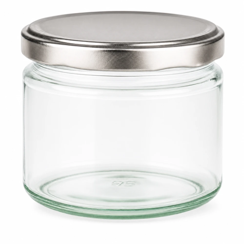 Pot rond de 330ml avec couvercle BasicSeal argenté vide sur fond blanc Pot de conservation