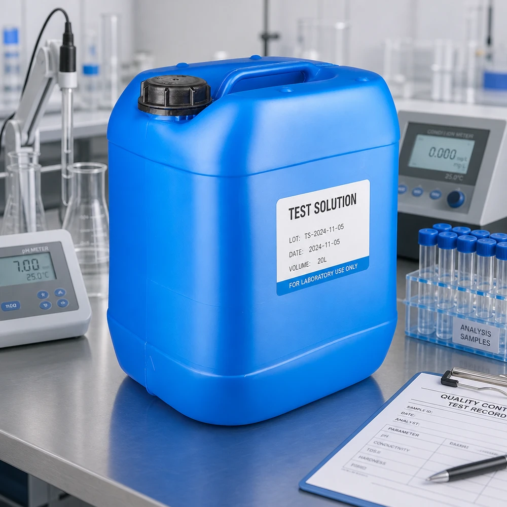 Bidon 20 litres bleu avec bouchon à vis OV Bidon rectangulaire en plastique bleu de 20 litres avec poignée de transport, à côté d'un pH-mètre dans un laboratoire